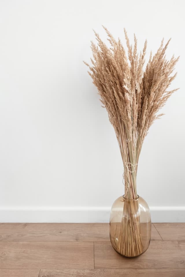light and clean room with dried and tall wheat in a vase