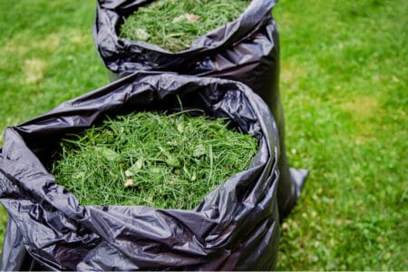 Two balck bags full of grass clippings