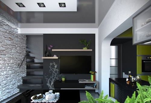 black stairs Living room with black interior and black stairs.
