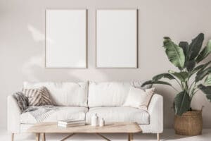 A blank white frame wall display