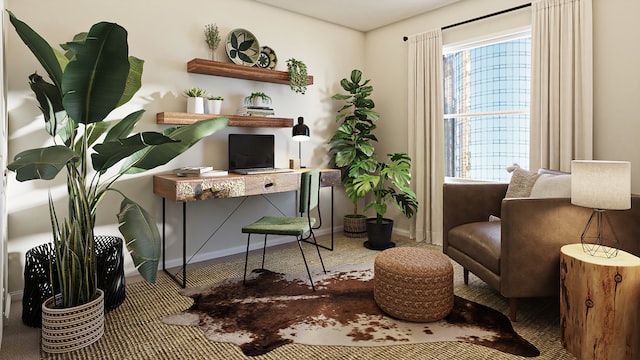 brown wooden furniture with big plants