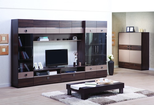 A wood and glass built in entertainment center.