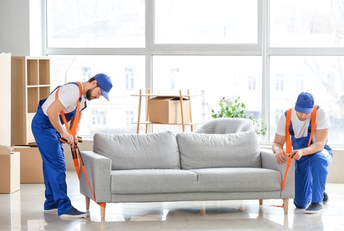 Two delivery men in placing a harness on a couch.