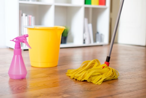 A yellow bucket and mop and a pink water spray on floor