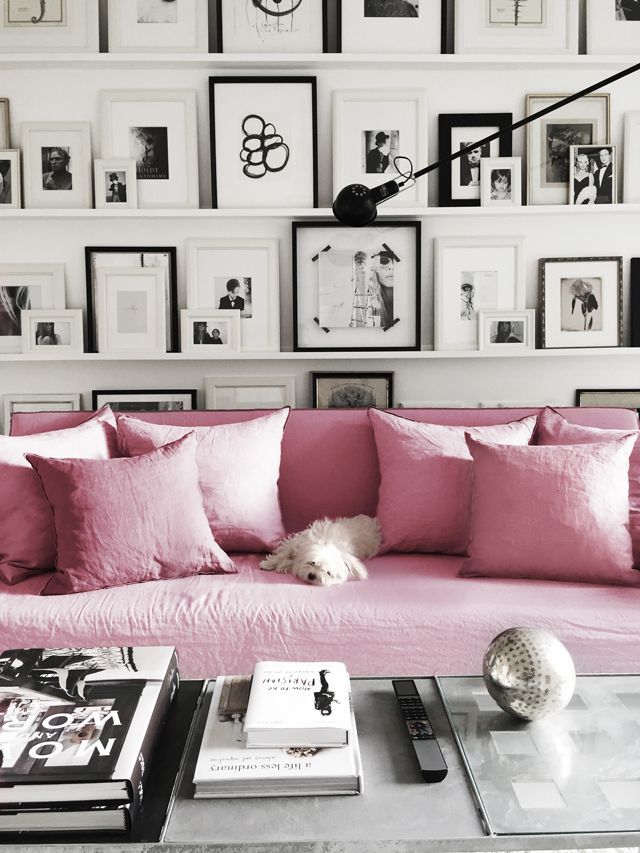 Comfortable elegance Rose quartz sofa is inviting and comfortable appearing with a small dog resting on it.