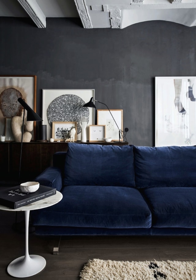 blue velvet couch living room