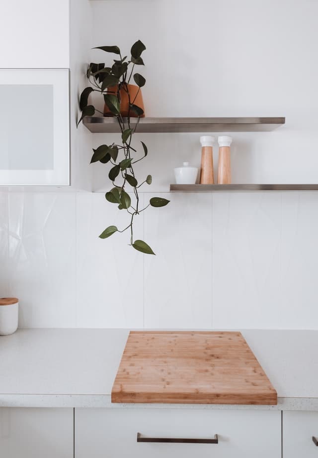 wooden floating shelves in the kitchen