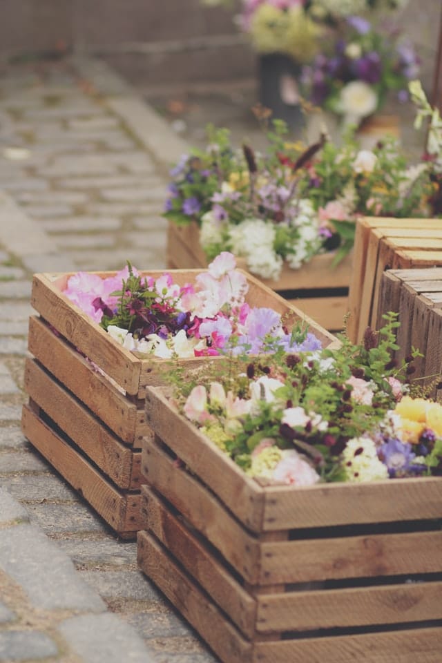 flowers on crate Beautiful flowers in a wooden crate