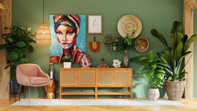 fully decorated entryway with art decor pieces