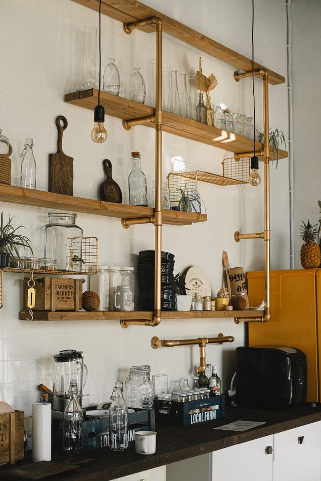 Industrial wooden planks and shelf.