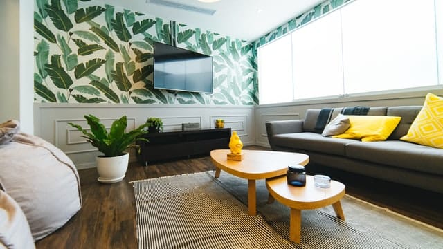 leaf wallpaper in a modern living room