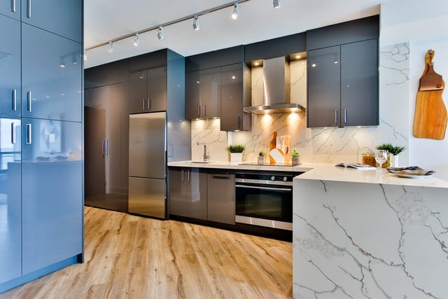 Modern and chic kitchen aesthetic with marble countertops