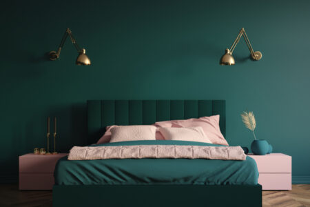 A modern dark green bedroom interior