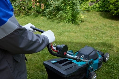 A person mowing the overgrown grass in the garden
