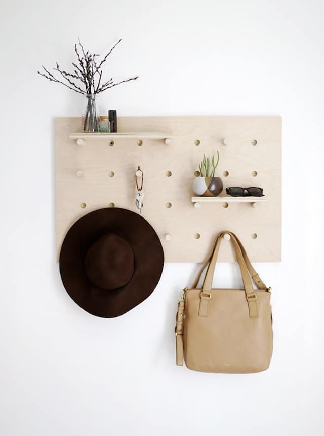 lightwood pegboard, hanging bags and hats