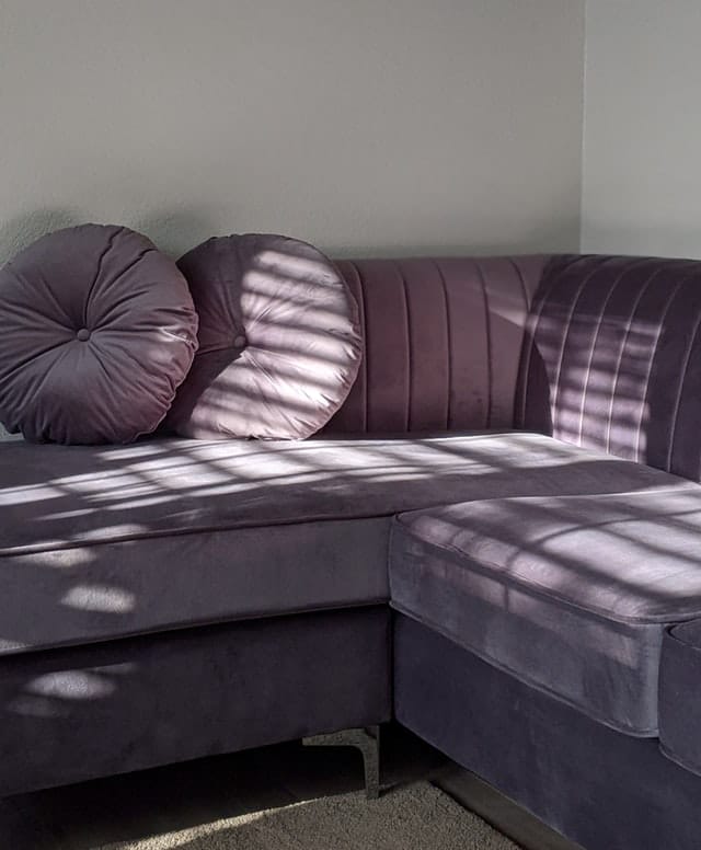 A velvet muted violet couch with sun rays