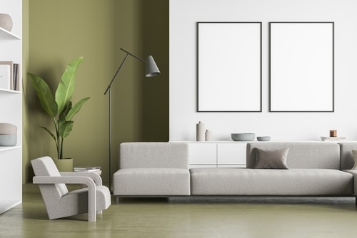 A very minimalist living room aesthetic with an interesting olive green walls.
