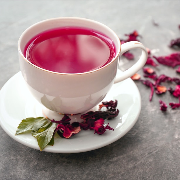 Pink hibiscus flower tea with recipe