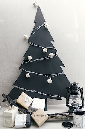 A wall painted christmas tree with a string light and small gifts at the bottom