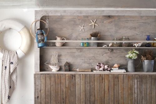A very textured and vintage style hanging shelf cabinet.