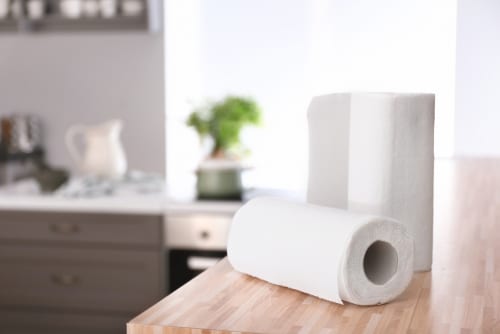 Two tissue rolls sitting on a kitchen counter