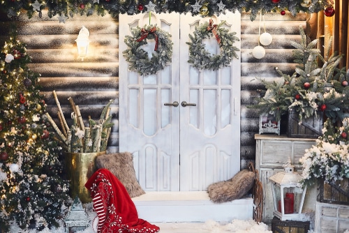 A house frontdoor turned into a christmas winter wonderland