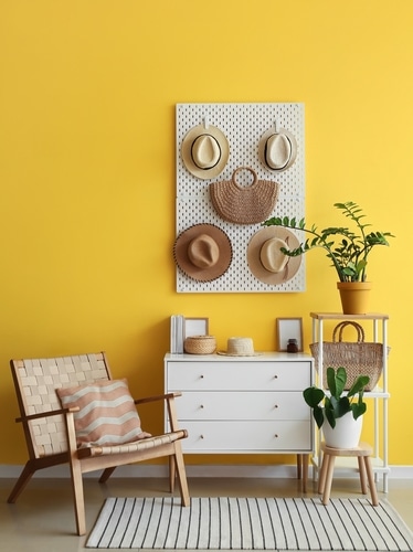 Yellow painted wall with wooden pegboard
